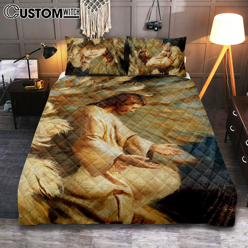 Saving Jesus Wings Feathers Quilt Bedding Set Prints – Jesus Christ Quilt Bedding Set Art – Christian Cover Twin Bedding Decor