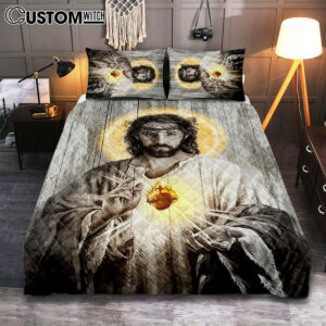 Sacred Heart Of Jesus Quilt Bedding Set Print – Inspirational Quilt Bedding Set Art – Christian Bedroom Home Decor
