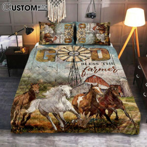 Running Horses God Bless The Farmer Quilt Bedding Set Print – Inspirational Quilt Bedding Set Art – Christian Bedroom Home Decor