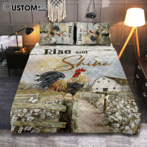 Rooster White Flower Field Sunset Rise And Shine Quilt Bedding Set Bedroom – Christian Quilt Bedding Set Prints – Bible Verse Quilt Bedding Set Art