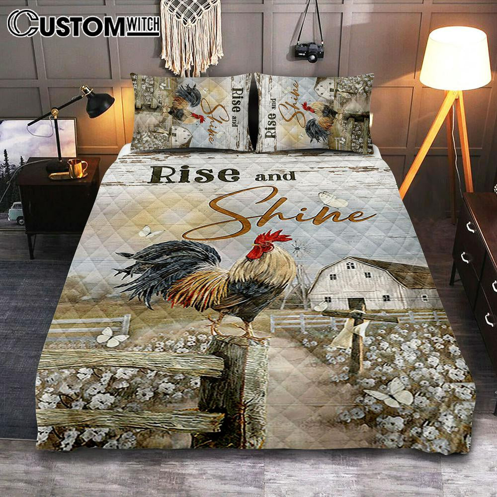 Rooster White Flower Field Sunset Rise And Shine Quilt Bedding Set Bedroom – Christian Quilt Bedding Set Prints – Bible Verse Quilt Bedding Set Art
