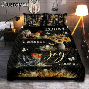 Rooster Sunflower Vase Black Background Today I Choose Joy Quilt Bedding Set Art – Christian Art – Bible Verse Bedroom – Religious Home Decor