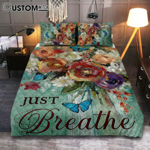 Red Rose Just Breathe Quilt Bedding Set – Christian Bedroom – Religious Home Decor