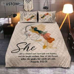 Proverbs 315-6 When She Speaks, Her Words Are Wise Personalized Quilt Bedding Set Bedroom – Religious Quilt Bedding Set Prints – Bible Quilt Bedding Set Art