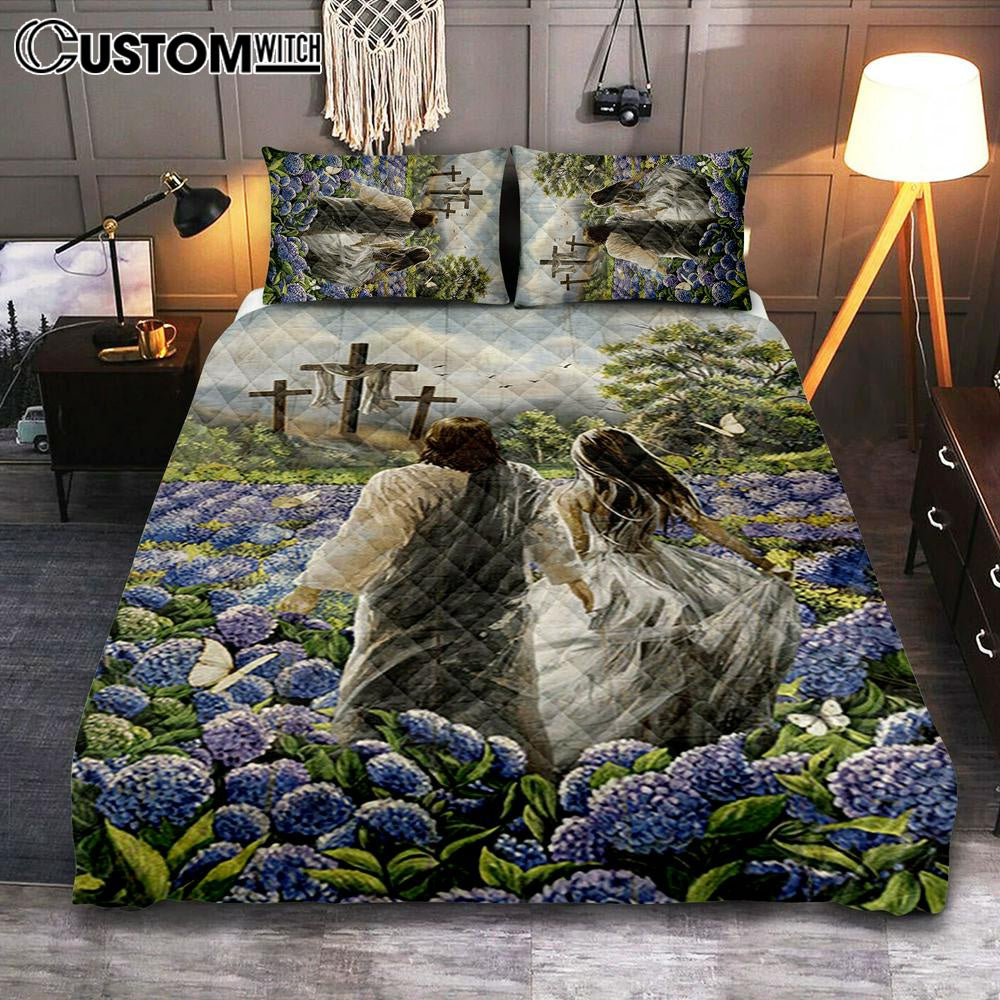 Pretty Girl Walking With Jesus In Purple Hydrangea Flower Field Quilt Bedding Set Print – Inspirational Quilt Bedding Set Art – Christian Bedroom Home Decor