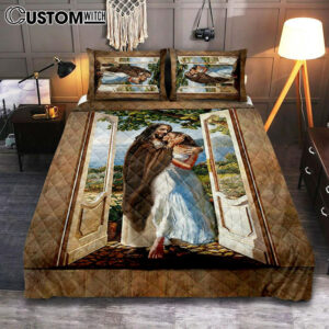 Pretty Girl Beautiful Forest Walking With Jesus Quilt Bedding Set Print – Inspirational Quilt Bedding Set Art – Christian Bedroom Home Decor