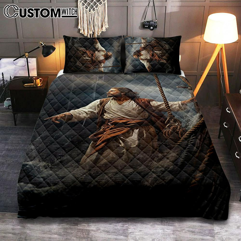 Power Jesus Christ Came To Rescue A Fishing Boat Quilt Bedding Set Prints – Jesus Quilt Bedding Set Art – Christian Bedroom Decor