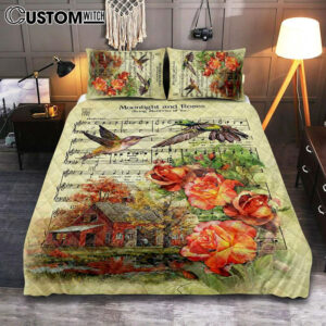 Moonlight And Roses Music Sheet Big Hummingbird Orange Rose Quilt Bedding Set Bedroom – Christian Quilt Bedding Set Prints