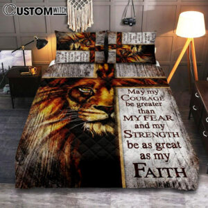 May My Courage Be Greater Than My Fear Lion Of Judah Quilt Bedding Set Bedroom – Christian Quilt Bedding Set Prints – Religious Cover Twin Bedding Decor