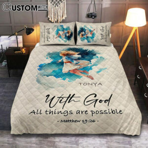 Matthew 196 With God All Things Are Possible Personalized Quilt Bedding Set Bedroom – Religious Quilt Bedding Set Prints – Bible Quilt Bedding Set Art