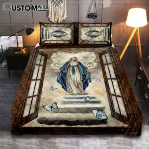 Maria Blue Butterfly Vintage Window The Way To Heaven Quilt Bedding Set Print – Inspirational Quilt Bedding Set Art – Christian Bedroom Home Decor
