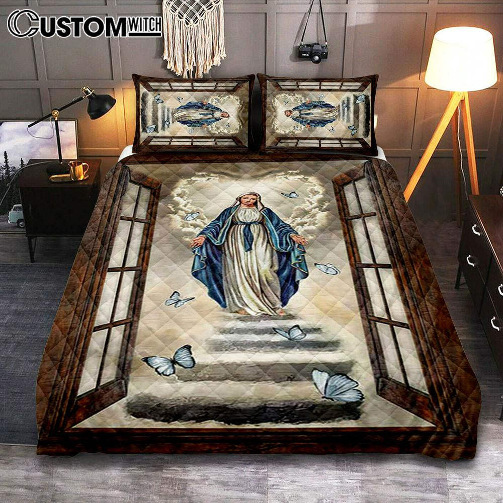 Maria Blue Butterfly Vintage Window The Way To Heaven Quilt Bedding Set Print – Inspirational Quilt Bedding Set Art – Christian Bedroom Home Decor