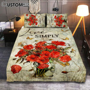 Live Simply Poppy Flower Yellow Butterfly Quilt Bedding Set Print – Inspirational Quilt Bedding Set Art – Christian Bedroom Home Decor