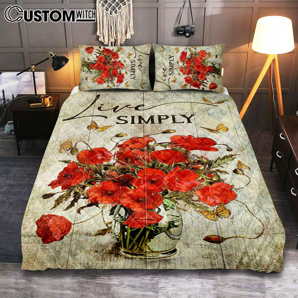 Live Simply Poppy Flower Yellow Butterfly Quilt Bedding Set Print – Inspirational Quilt Bedding Set Art – Christian Bedroom Home Decor
