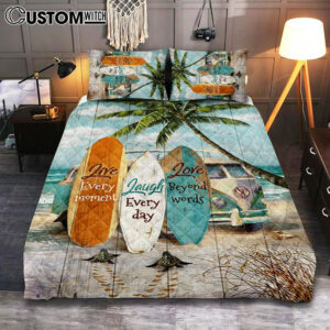 Live Every Moment Beach Little Sea Turtle Surfboard Quilt Bedding Set Bedroom – Christian Quilt Bedding Set Prints – Bible Verse Quilt Bedding Set Art