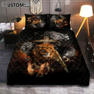 Lion Of Judah Wooden Cross Jesus The Lord Quilt Bedding Set – Lion Quilt Bedding Set Print – Christian Bedroom – Religious Home Decor