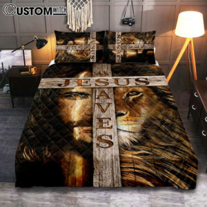 Lion Of Judah Wooden Cross Jesus Saves Quilt Bedding Set – Lion Quilt Bedding Set Print – Christian Bedroom – Religious Home Decor