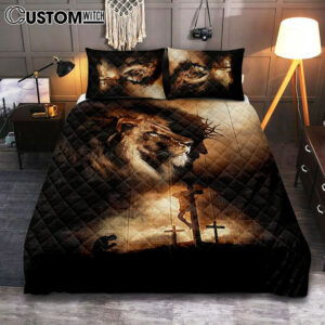 Lion Of Judah Jesus On The Cross Praying With Jesus Quilt Bedding Set – Lion Quilt Bedding Set Print – Christian Bedroom – Religious Home Decor