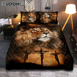 Lion Of Judah Crown Of Thorn Quilt Bedding Set – Lion Quilt Bedding Set Print – Christian Bedroom – Religious Home Decor