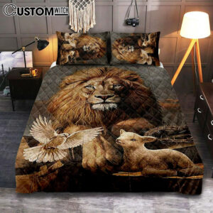 Lion Little Lamb And Beautiful Dove Quilt Bedding Set – Lion Quilt Bedding Set Print – Christian Bedroom – Religious Home Decor