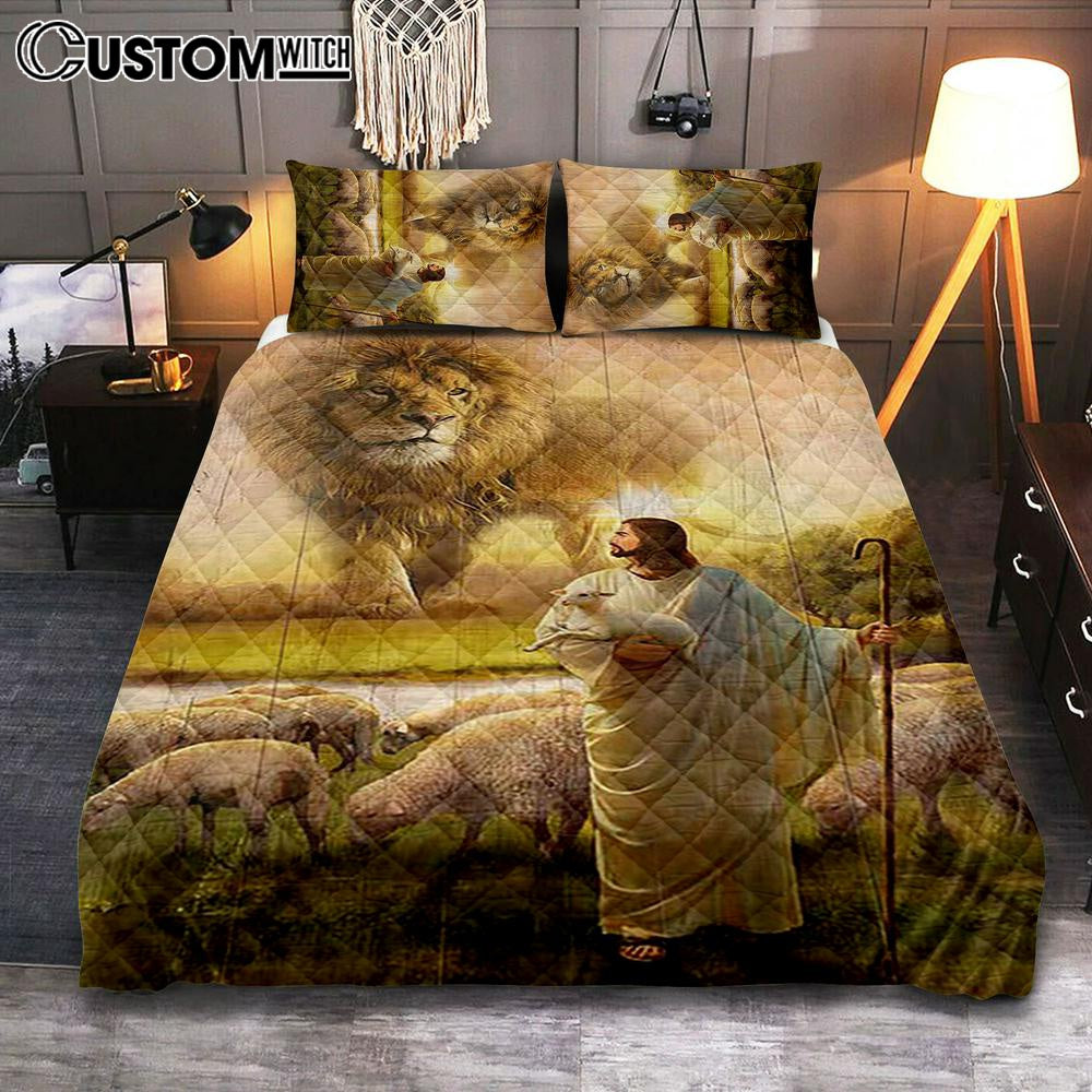 Lion Lambs Walking With Jesus Quilt Bedding Set – Lion Quilt Bedding Set Print – Christian Bedroom – Religious Home Decor