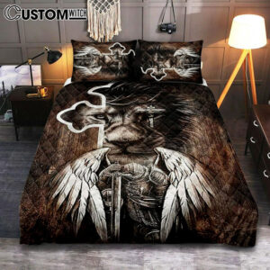 Lion Knight Of God Warrior With Wings Quilt Bedding Set – Lion Quilt Bedding Set Print – Christian Bedroom – Religious Home Decor