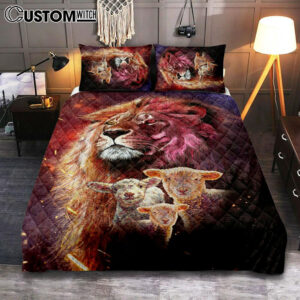 Lion Head Lamb Of God Quilt Bedding Set – Lion Quilt Bedding Set Print – Christian Bedroom – Religious Home Decor