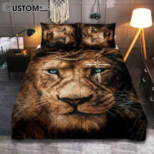 Lion Cross Crown Of Thorns Quilt Bedding Set Art – Christian Art – Bible Verse Bedroom – Religious Home Decor