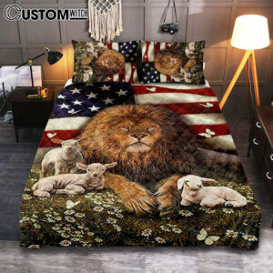 Lion And The Lamb Daisy Garden Quilt Bedding Set – Lion Quilt Bedding Set Print – Christian Bedroom – Religious Home Decor
