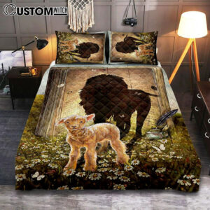 Lion And Lamb Of God Daisy Field White Butterfly Quilt Bedding Set – Lion Quilt Bedding Set Print – Christian Bedroom – Religious Home Decor