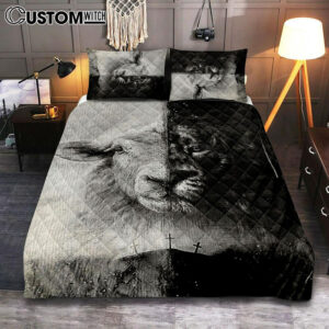 Lion And Lamb Face Quilt Bedding Set – Lion Quilt Bedding Set Print – Christian Bedroom – Religious Home Decor