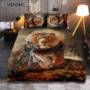 Lion And Knight Templar Jesus Quilt Bedding Set Prints – Jesus Christ Quilt Bedding Set Art – Christian Cover Twin Bedding Decor