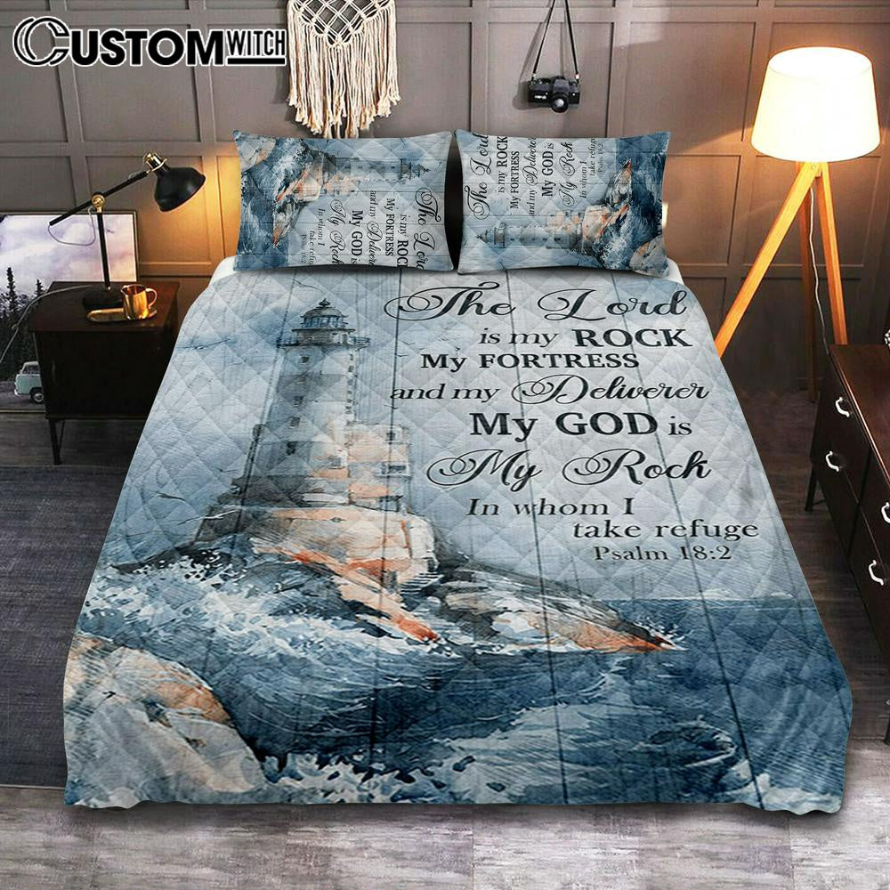 Lighthouse Storm The Lord Is My Rock In Whom I Take Refuge Quilt Bedding Set Prints – Christian Cover Twin Bedding Decor – Bible Verse Quilt Bedding Set Art