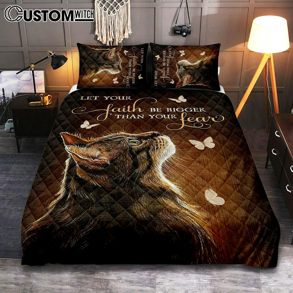 Let Your Faith Tabby Cat White Butterfly Quilt Bedding Set Art – Christian Bedroom Decor – Gift For Cat Lover