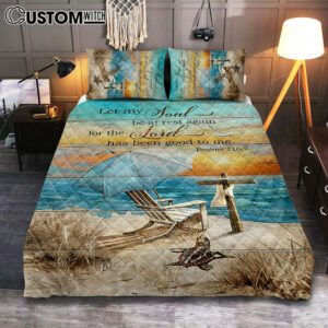 Let My Soul Be At Rest Again Blue Ocean Sunset Wooden Cross Quilt Bedding Set Bedroom – Bible Verse Quilt Bedding Set Art – Christian Home Decor