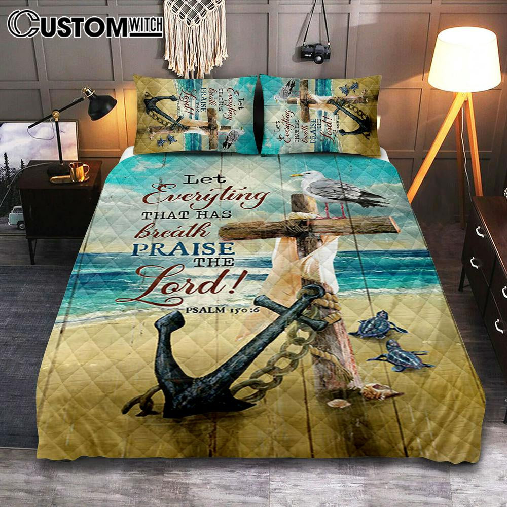 Let Everything That Has Breath Quilt Bedding Set – Anchor Wooden Cross Pretty Seagull Quilt Bedding Set Bedroom – Christian Quilt Bedding Set Prints