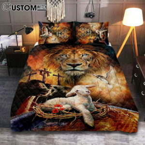 Lamb Of God Holy Spirit Dove Lion Of Judah Quilt Bedding Set – Lion Quilt Bedding Set Print – Christian Bedroom – Religious Home Decor