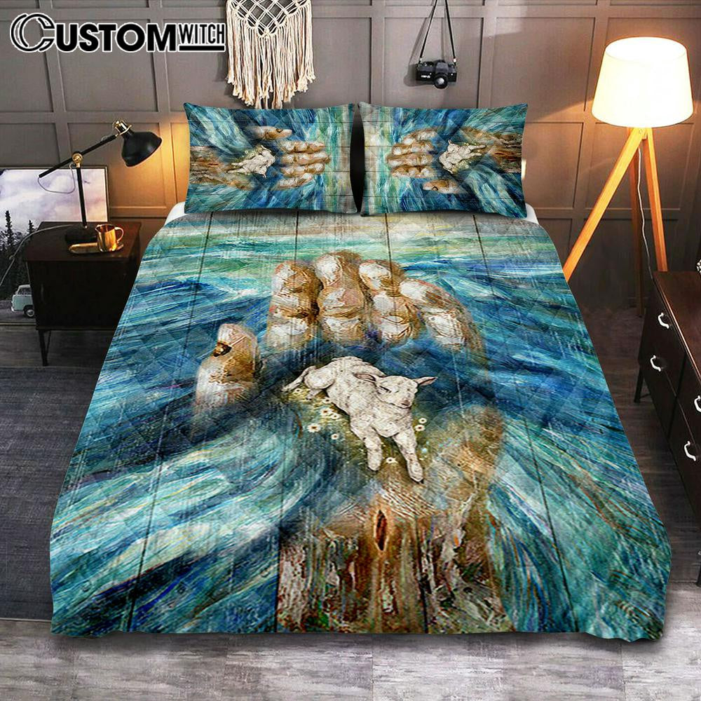 Lamb In God’s Hand Quilt Bedding Set Bedroom – Bible Verse Quilt Bedding Set Art – Christian Home Decor