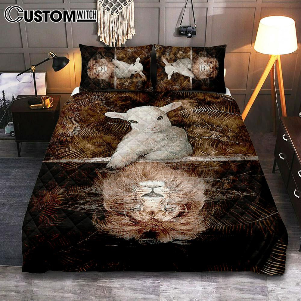 Lamb And Lion King Of Jesus Quilt Bedding Set Bedroom – Christian Quilt Bedding Set Prints – Bible Verse Quilt Bedding Set Art