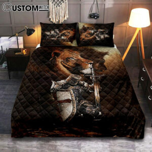 Knight Of God Lion Of Judah Serving The Lord Quilt Bedding Set – Lion Quilt Bedding Set Print – Christian Bedroom – Religious Home Decor