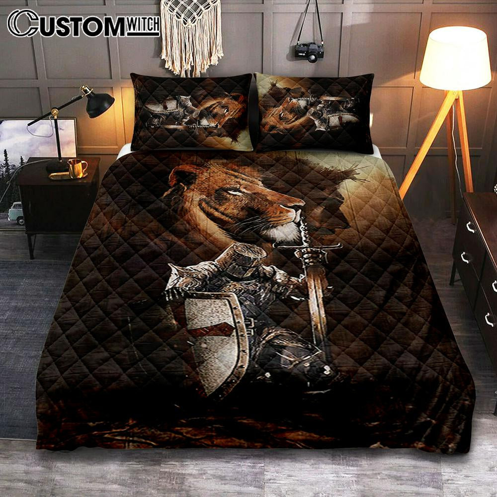 Knight Of God Lion Of Judah Serving The Lord Quilt Bedding Set – Lion Quilt Bedding Set Print – Christian Bedroom – Religious Home Decor