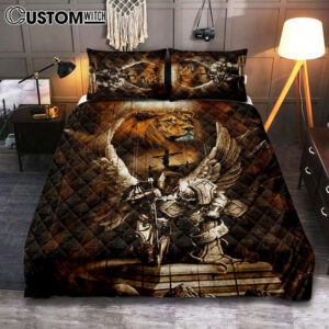 Knight Lion Of Judah Jesus On The Cross Quilt Bedding Set – Lion Quilt Bedding Set Print – Christian Bedroom – Religious Home Decor