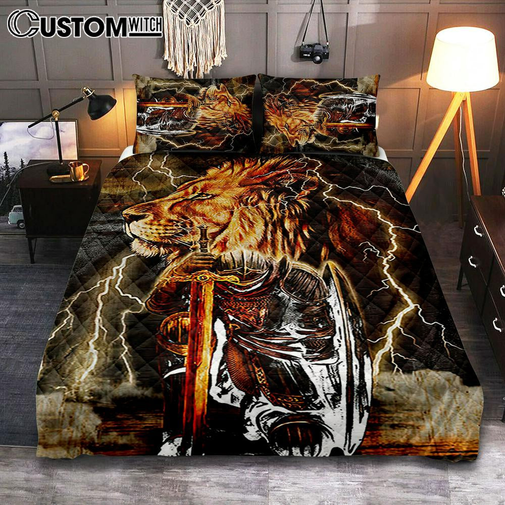 Knight Kneel In Front Of Lion Jesus Christ Warrior Quilt Bedding Set Bedroom – Christian Home Decor – Religious Art