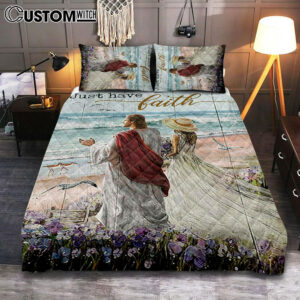 Just Have Faith Walk With Jesus Blue Ocean Quilt Bedding Set Bedroom – Christian Quilt Bedding Set Prints – Bible Verse Quilt Bedding Set Art