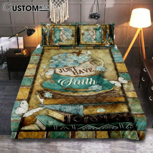 Just Have Faith Tea Cup Book Butterfly Quilt Bedding Set Prints – Christian Cover Twin Bedding Decor – Bible Verse Quilt Bedding Set Art