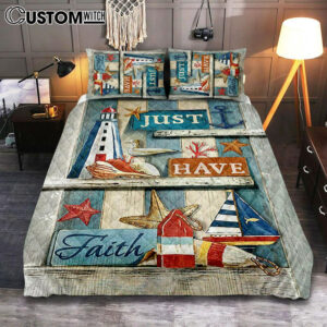 Just Have Faith Pretty Lighthouse Ocean Bedroom Quilt Bedding Set – Bible Verse Quilt Bedding Set Art – Christian Bedroom Home Decor