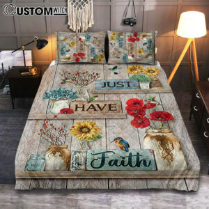 Just Have Faith Poppy Sunflower Hummingbird Bedroom Quilt Bedding Set – Bible Verse Quilt Bedding Set Art – Christian Bedroom Home Decor