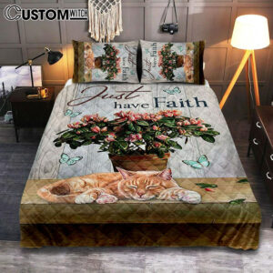 Just Have Faith Pink Flower Sleeping Cat Bedroom Quilt Bedding Set – Bible Verse Quilt Bedding Set Art – Christian Bedroom Home Decor