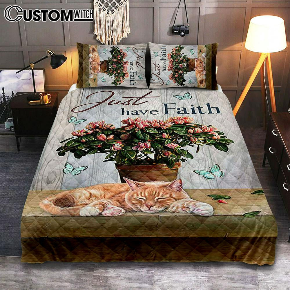 Just Have Faith Pink Flower Sleeping Cat Bedroom Quilt Bedding Set – Bible Verse Quilt Bedding Set Art – Christian Bedroom Home Decor