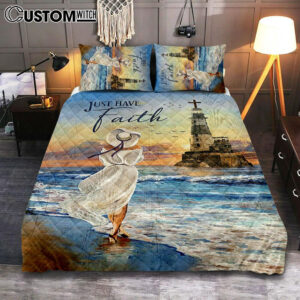 Just Have Faith Ocean Lighthouse Quilt Bedding Set Bedroom – Christian Quilt Bedding Set Prints – Bible Verse Quilt Bedding Set Art
